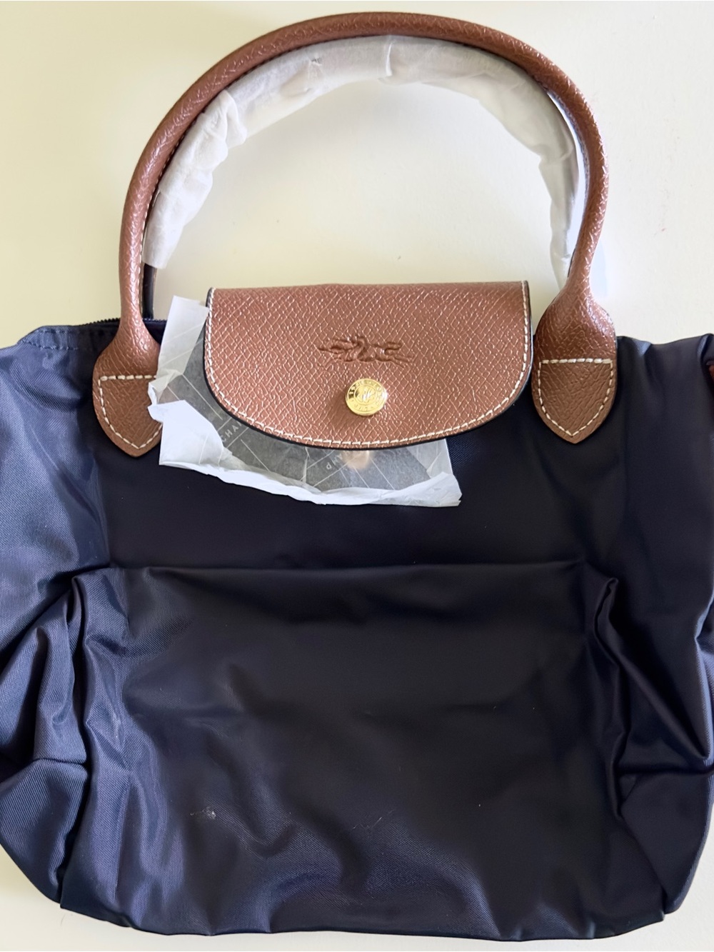 Longchamp Le Pliage Small Tote Navy Nylon Brown Leather – New w/ Minor Flaw - Picture 6 of 10